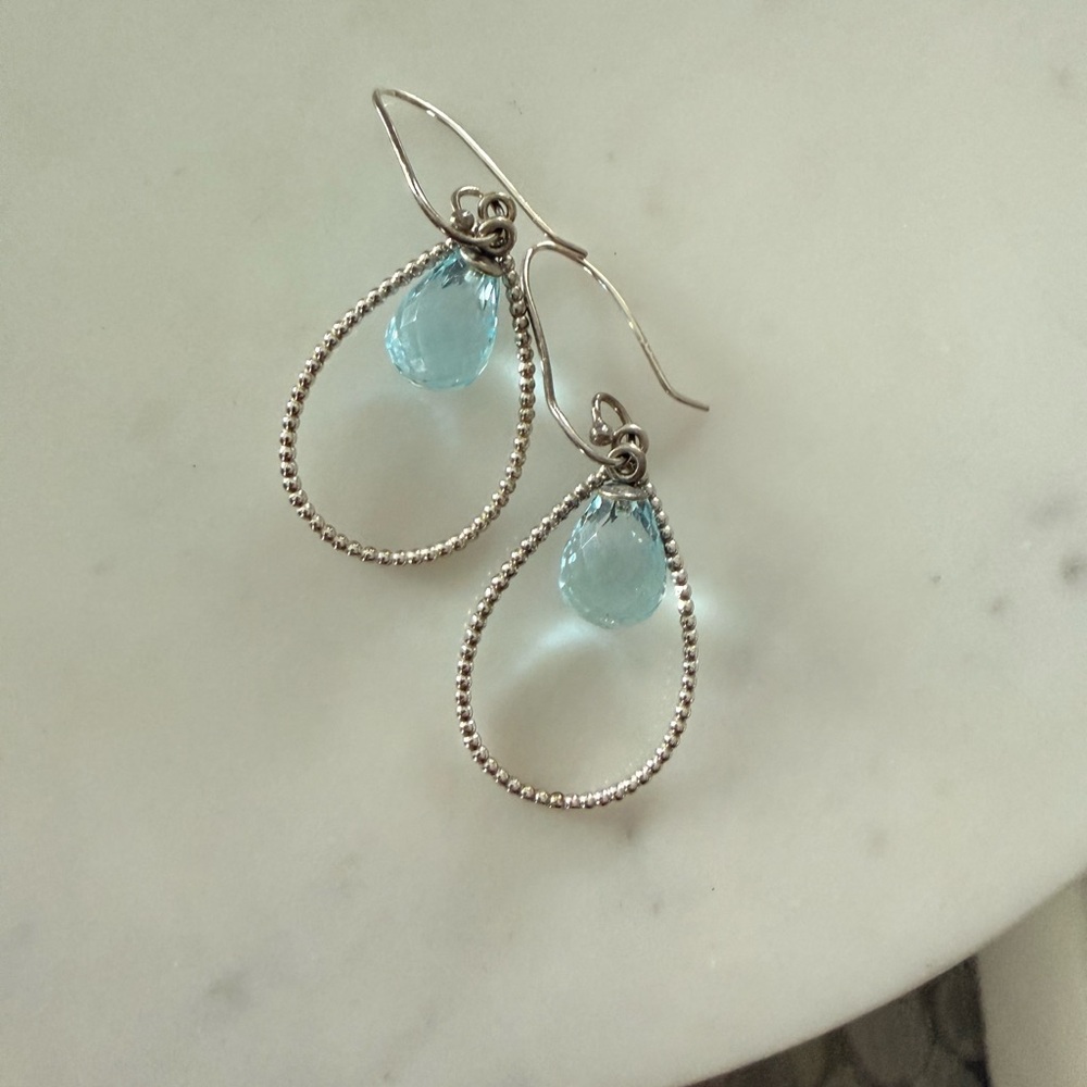 Pandora Silver Teardrop Earrings with Faceted Blue Murano Glass drops